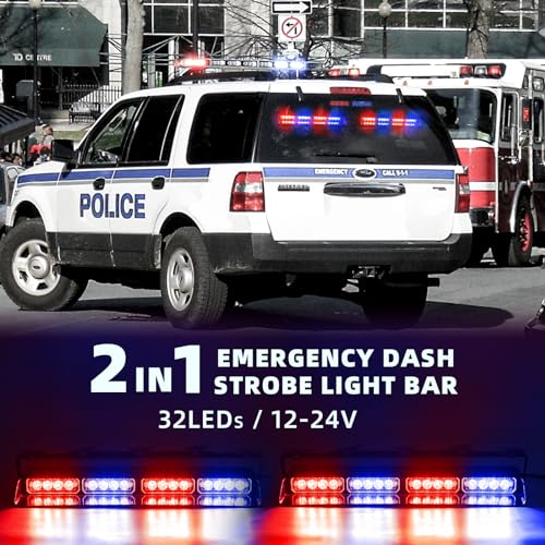 2 in 1 LED Emergency Dash Strobe Light Bar Front/Rear Windshield Safety Flashing Warning Hazard Interior Lights for Police Firefighter Construction Vehicles Trucks (2x14 inch, Blue/Red) - color: #04 Red/Blue