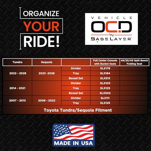 Vehicle OCD - Center Console Organizer for Toyota Tundra (2022-2026) / Toyota Sequoia (2023-2026) – Made in USA - NOT Compatible with Center Console Safe - SLX178 - size: 2022-2026, style: Center Console Organizer