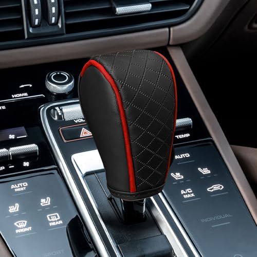 Leather Car Gear Shift Knob Cover, Gear Shifter Cover, Upgraded Anti-Slip Design Stick Shift Knob Covers, Soft Breathable Universal Automotive Shift Knobs Decoration for Most Cars (Black&Red) - color: Black&Red