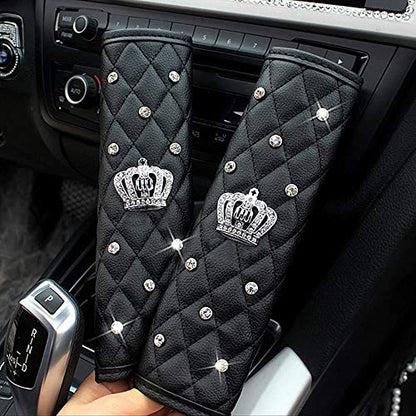 Queen Seat Safety Belt Pads - Leather Crystal Handbrake Cover - Bling Tiara Gear Crown Shift Stick Protector, for Girls Women or Ladies(4Pcs) - color: 1.1 Crown Bundle