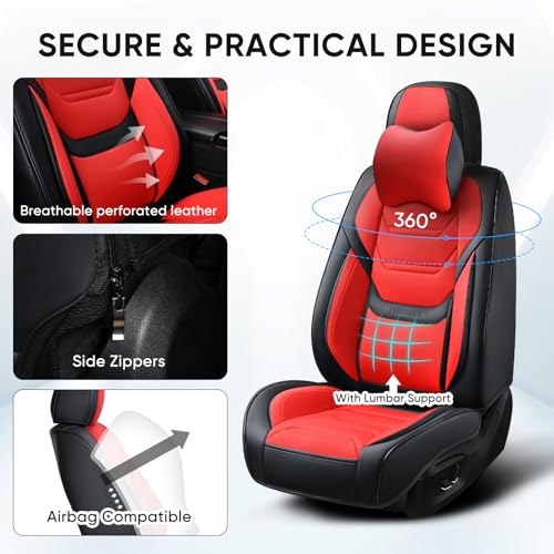 Car Seat Covers Full Set, Breathable Leather Automotive Front and Rear Seat Covers & Headrest for Reduce The Driving Fatigue, Compatible with Most Vehicles, Cars (Black&Red, Front Pair and Rear) - color: Black&Red, size: Front Pair and Rear