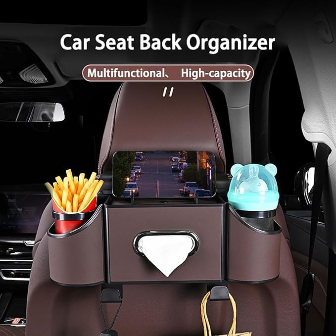 Back Seat Car Organizer,4 in 1 Multifunctional Car Back Seat Storage Box with Drink Cup Holder Tissue Box, for Hold Phone,Snacks, Drinks, Handbag - color: Kartan