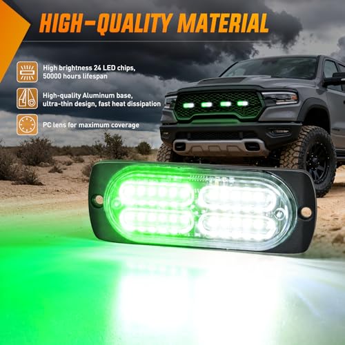 Nilight 4PCS 24LED Emergency Strobe lights 12V 24V Green White Surface Mount Grille Hazard Safety Warning Light Sync Feature Side Flashing Marker Flash for Car Truck Campers - color: Green White
