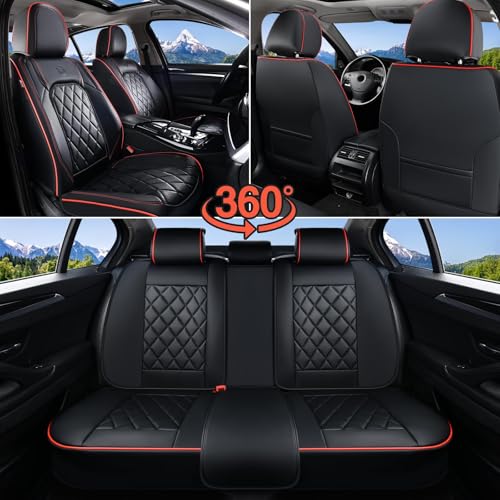 Coverado Car Seat Covers Full Set, Luxury Faux Leather Waterproof Seat Covers, Black Car Seat Covers, Universal Car Seat Protector Leather Car Seat Cushion, Carseat Cover Fit Most Cars, Black&Red - color: A-Black&Red, size: Fullset