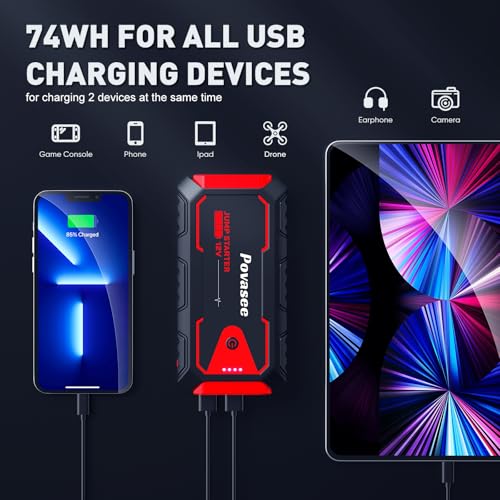 Povasee Jump Starter 5000A Car Jumper Starter, Model A30 12V Jump Box for Car Battery up to 10L Gas or 8L Diesel Engine Battery Jumper Starter Portable with Power Bank/Dual Output/LED Light - style: A30