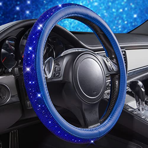 CAR PASS Bling Diamond Leather Steering Wheel Cover, with Bling Sparkly Crystal Glitter Rhinestones Universal Fit 14" 1/2-15" Car Wheel Protect for Women Girl Fit Suvs,Vans,Sedans,Cars,Trucks, Blue - color: Blue Leather Diamond