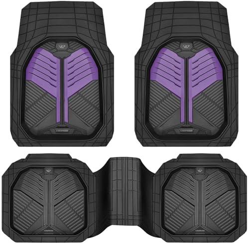 CAR PASS Heavy Duty Rubber Car Mats, Deep-Dish Car Floor Mats All Weather, Universal Two-Tone Trim-to-Fit for SUVs Trucks Sedans, Waterproof Anti-Slip, 3 Pieces V12 Black and Metallic Purple - color: Black and Purple