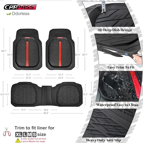 CAR PASS Tire Tread DeepDish Rubber Floor Mats for car Heavy Duty car mats All Weather, Universal XL~M Trim to Fit for Truck SUV Vehicle Automotive, Waterproof car mats 3 Piece (red Black) - color: Red Black