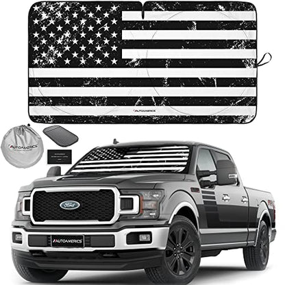 Autoamerics Truck Windshield Sun Shade with Storage Pouch & Anti-Slip Dash Pad - Foldable Grunge B&W USA Flag Design - Fits Most SUVs & Trucks - Reflective 230T Material | X-Large (66 x 36 inches) - color: USA GRUNGE B&W FLAG, size: X-LARGE = 66 x 36 inch