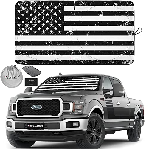 Autoamerics Truck Windshield Sun Shade with Storage Pouch & Anti-Slip Dash Pad - Foldable Grunge B&W USA Flag Design - Fits Most SUVs & Trucks - Reflective 230T Material | X-Large (66 x 36 inches) - color: USA GRUNGE B&W FLAG, size: X-LARGE = 66 x 36 inch