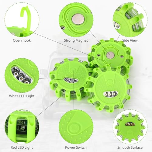 Tallew 12 Pack LED Road Flares Emergency Lights Roadside 9 Flash Modes Warning Car Safety Beacon Magnet Hook Flashing Disc Flare Kit for Vehicles Car Truck Boats Holiday Gift(Green)