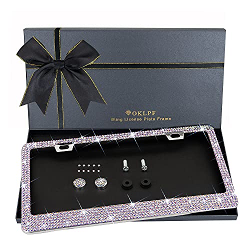 OKLPF Bling License Plate Frame for Women, 1PCS Sparkly Stainless Steel License Plate Frames| Over 1000 pcs 14 Facets Bedazzled Clear Glass Diamond Rhinestone Crystals w/Free Glitter White Diamond BOX - color: colorful