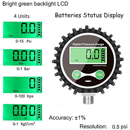 Digital Low Pressure Gauge with 1/4'' NPT Bottom Connector and Rubber Protector by Uharbour, 0.35-15 psi, Accuracy 1% .F.S. - size: 0.35-15psi