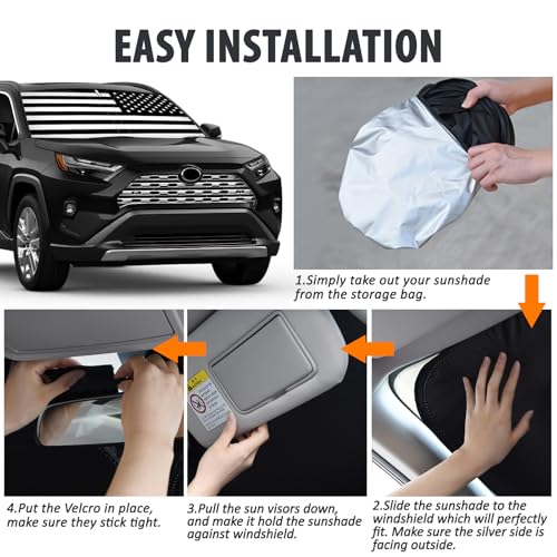 D-Lumina Windshield Sun Shade for 2019-2024 Toyo'ta RAV4 Accessories, Front Window Sunshade American Flag Sun Visor Protector Sun Shield Blocks UV Rays Heat, Foldable 2 Layers 210T Material - size: Silver & Black-fit 2019-2024 Toyota Rav4