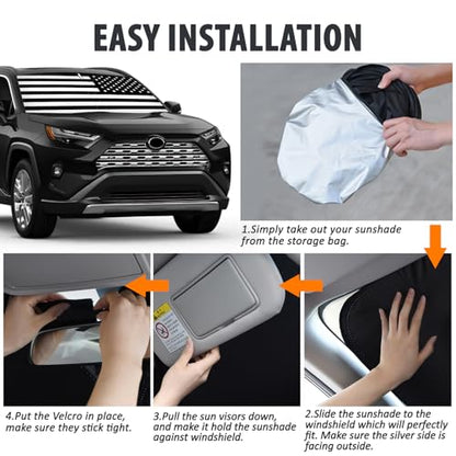D-Lumina Windshield Sun Shade for 2019-2024 Toyo'ta RAV4 Accessories, Front Window Sunshade American Flag Sun Visor Protector Sun Shield Blocks UV Rays Heat, Foldable 2 Layers 210T Material - size: Silver & Black-fit 2019-2024 Toyota Rav4