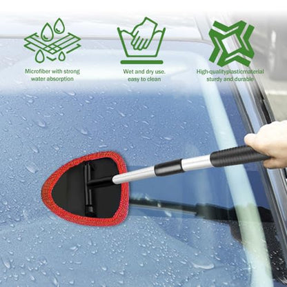 Windshield Cleaning Tool, Car Window Cleaner with 4 Washable Reusable Microfiber Pads, Auto Interior Exterior Extendable Long Handle Glass Wiper Cleaning Kit Universal for Office and Home (Red) - color: Red