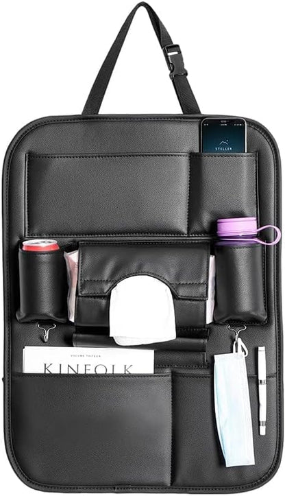 2 Pack PU Leather Premium Car SeatBack Organizer Travel Accessories Kick mats Back seat Protector and Cup Holder Holder Universal Use Seat Covers (23×17.1 in) - size: 23×17.1 in