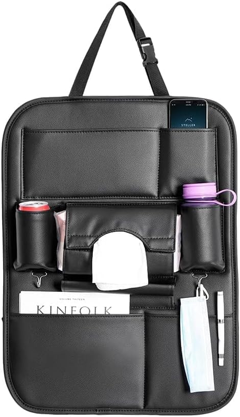2 Pack PU Leather Premium Car SeatBack Organizer Travel Accessories Kick mats Back seat Protector and Cup Holder Holder Universal Use Seat Covers (23×17.1 in) - size: 23×17.1 in