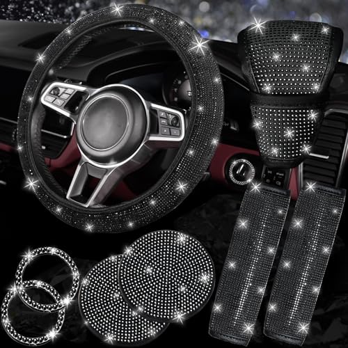NBTEPEM 8 pcs Bling Car Accessories Set for Women, Steering Wheel Cover, Sparkly Seat Belt Covers, Bling Gear Shift Cover, Universal Fit Most Cars (Black Diamond) - color: Black Diamond, size: Steering Wheel Cover Set