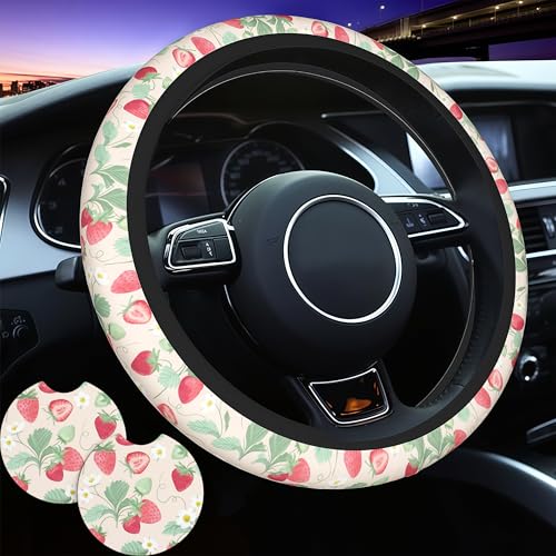 Strawberry Flowers Steering Wheel Cover - Strawberry Flower Steering Wheel Cover for Women Cute Car Breathable Universal for 14-15 Inch Anti-Slip 2 Pieces Car Coasters - color: Strawberry
