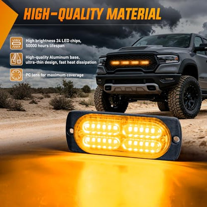 Nilight 4PCS 24LED Emergency Strobe lights 12V 24V Amber Surface Mount Grille Hazard Safety Warning Light Sync Feature Side Flashing Marker Flash for Car Truck Campers - color: Amber