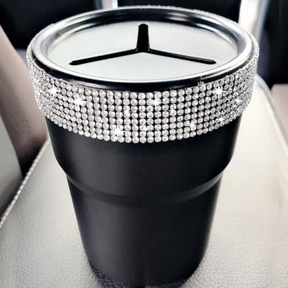 INSTOME Bling Car Trash Can with Lid，Bling Car Change Holder with Lid,Mini Trash Can Cup Holder in Console Pocket Dustbin Cans Portable for Car, Home, Office - color: silver