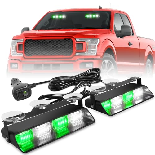 HLauto 2002L Emergency Dash Strobe Lights: Green White Safety Lights, Flashing Warning Hazard Windshield Visor Traffic Light Bars for Trucks, Construction Vehicles (2x8.5 inch, 48LED) - color: Green/White