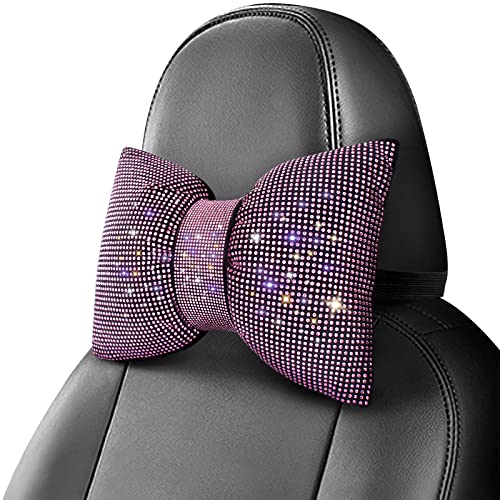 surpassme 2PCS Rhinestone Car Headrest Neck Pillow for Driving with Bling Bling Crystal Bow Pillow Car Accessories for Women (Pink) - color: 2 Pink Pillows
