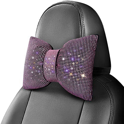 surpassme 2PCS Rhinestone Car Headrest Neck Pillow for Driving with Bling Bling Crystal Bow Pillow Car Accessories for Women (Pink) - color: 2 Pink Pillows