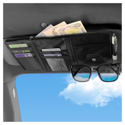 OFBAND Car Visor Organizer with Sunglass Holder,Multi-Functional Car Sun Visor Organizer with Zipper for Cards,Money,Tickets,Leather Interior Accessories (Black) - color: Black