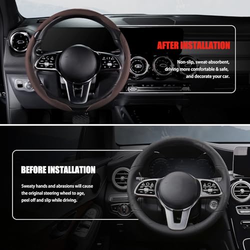 Nappa Leather Car Steering Wheel Cover for Men Women, Ultra-Thin Non-Slip Breathable Microfibre, Universal for 14.5"-15" Steering Wheel - Brown - color: Brown