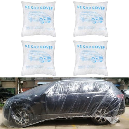 4 Pack Disposable Car Covers, Clear Plastic Car Cover Universal Vehicle Cover Rain Dust Garage Cover Car Protective Cover with Elastic Band Medium for Sedan Outdoor Snow Rain Weather(12 ft x 22 ft)