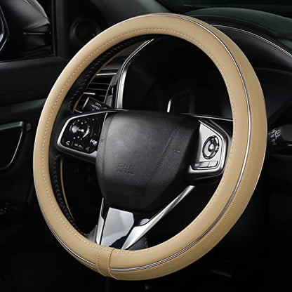 ALEMODR Buff Leather Steering Wheel Cover Fiber Strip Car Steering Wheel Cover Universal 15 inch - color: Buff