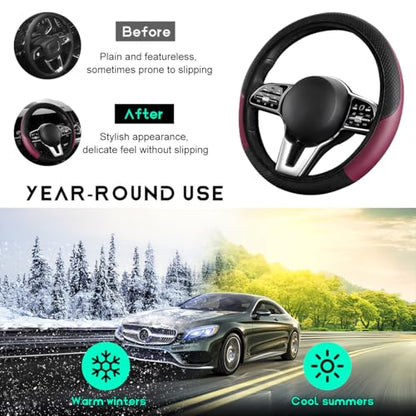 Car Steering Wheel Cover, 15 inch Carbon Fiber Microfiber Leather Elastic Steering Wheel Protector, Breathable Anti-Slip Comfortable Steering Wheel Covers for Most Cars (Wine Red, AD) - color: Wine Red, AD