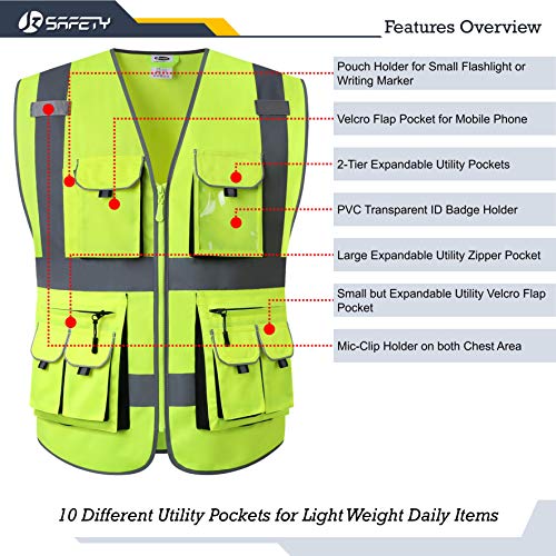 JKSafety 10 Pockets Class 2 High Visibility Zipper Front Safety Vest Yellow with High Reflective Strips Meets ANSI/ISEA Standards (88-Yellow, Medium) - color: Yellow, size: Medium