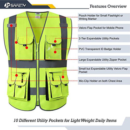 JKSafety 10 Pockets Class 2 High Visibility Zipper Front Safety Vest Yellow with High Reflective Strips Meets ANSI/ISEA Standards (88-Yellow, Medium) - color: Yellow, size: Medium
