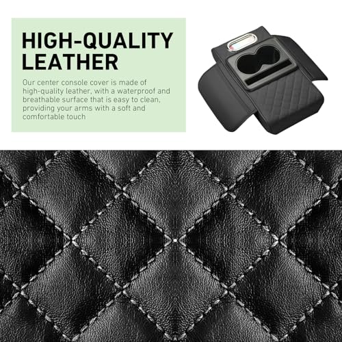 Car Center Console Cover Organizer, Armrest Box Height Increase Cover with 2 Cup Holders & 1 Tissue Bag, Leather Highly Elastic Armrest Box Protector, for Most Vehicles (Black)