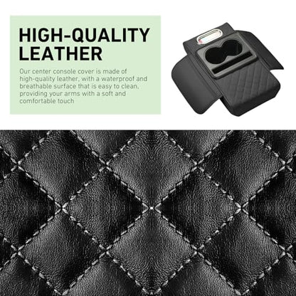 Car Center Console Cover Organizer, Armrest Box Height Increase Cover with 2 Cup Holders & 1 Tissue Bag, Leather Highly Elastic Armrest Box Protector, for Most Vehicles (Black)