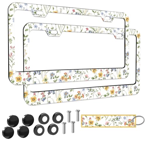 2pcs Wild Flowers Floral License Plate Frame for Women,White Nature Plant car Decorative tag Frames Girly,White Floral License Plate Cover Holder for Vehicle with Double Sided car Keychain tag - color: for Wild flowers1