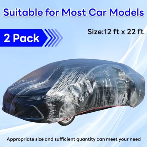2 Pack Disposable Car Cover Clear Plastic Car Cover Universal Rain Dust Garage Cover with Elastic Band Medium (12.4 FT x 21.6 FT)