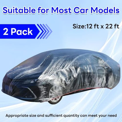 2 Pack Disposable Car Cover Clear Plastic Car Cover Universal Rain Dust Garage Cover with Elastic Band Medium (12.4 FT x 21.6 FT)