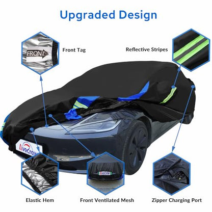 Avecrew Car Cover for Tesla Model 3 2017-2026, Custom Fit Full Exterior Cover with Charging Port and Breathable Ventilation Mesh, Waterproof All Weather Outdoor Rain Snow Sun Protection Cover - size: Fit Tesla Model 3