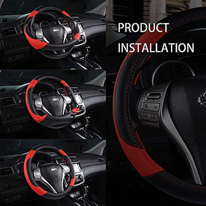 Leather Car Steering Wheel Cover, Non-Slip Car Wheel Cover Protector Breathable Microfiber Leather Universal Fit for Most Cars (Black & Red) - color: Black & Red