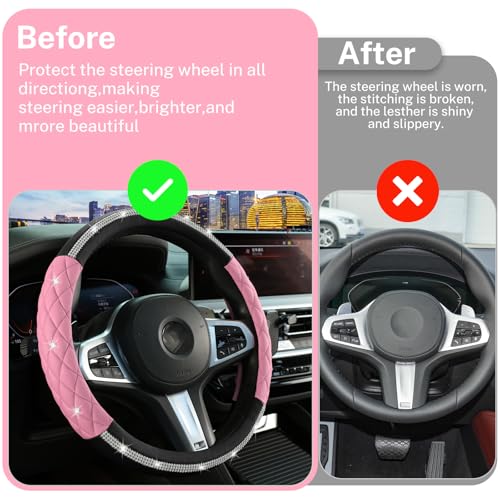 Steering Wheel Cover，with Diamond Crystal Rhinestone,Delicate and Anti-Slip Bling Steering Wheel Cover ，Adaptable to 14.5-15 inches Car Wheel Protector for Women Girl ，Black & Pink - color: Black+Pink