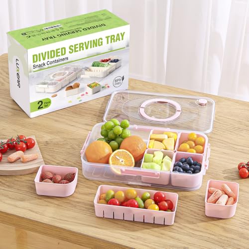 LUXEAR 2Pack 8-Compartment Divided Serving Tray with Lid and Handle - Airtight Leakproof Snackle Box Charcuterie Container for Fridge, Picnic, Party, Travel - BPA-Free Dishwasher Safe(Pink) - size: 2pack Pink