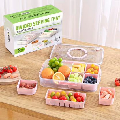 LUXEAR 2Pack 8-Compartment Divided Serving Tray with Lid and Handle - Airtight Leakproof Snackle Box Charcuterie Container for Fridge, Picnic, Party, Travel - BPA-Free Dishwasher Safe(Pink) - size: 2pack Pink