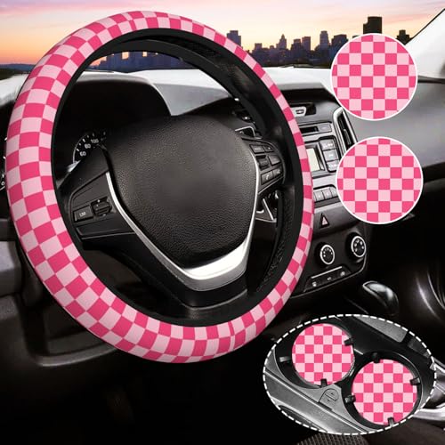 Hot Pink Checkered Steering Wheel Cover for Women, Universal Auto Steering Wheel 14-15 Inch Car Interior Accessories with 2PCS Car Coasters, Suitable for Men and Women - color: Pink red