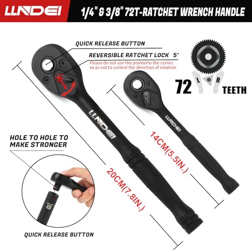 LLNDEI 1/4 & 3/8 Inch Drive Impact Socket Set, 186 Pieces Metric and Standard Full Sockets, CR-V Deep & Shallow Sockets Tool Set with Ratchet Wrench Handle, Spark Plug Socket, Bits for Mechanic - size: 186-Piece 1/4" & 3/8" Drive Socket Set