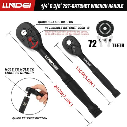 LLNDEI 1/4 & 3/8 Inch Drive Impact Socket Set, 186 Pieces Metric and Standard Full Sockets, CR-V Deep & Shallow Sockets Tool Set with Ratchet Wrench Handle, Spark Plug Socket, Bits for Mechanic - size: 186-Piece 1/4" & 3/8" Drive Socket Set