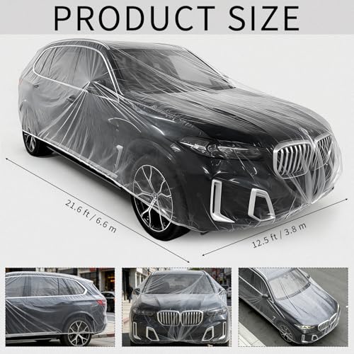 4 Pack Disposable Plastic Car Cover, Universal Clear Rain Dust Garage Cover with Elastic Band, for Indoor Garage Use, Sedans and SUVs, 12 ft x 22 ft